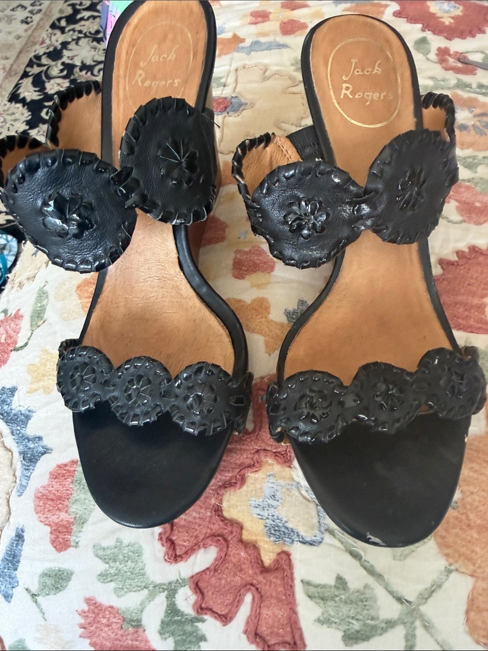 Jack Rogers Black Leather Scallop-Trim Slide Sandals